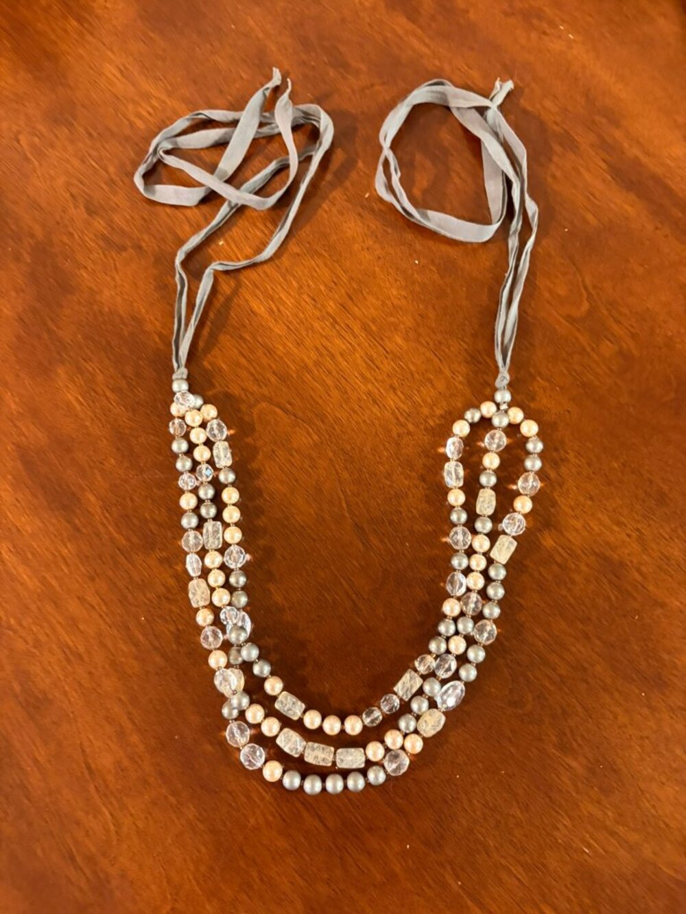 LOFT Champagne Gray Silver Beaded Ribbon Necklace